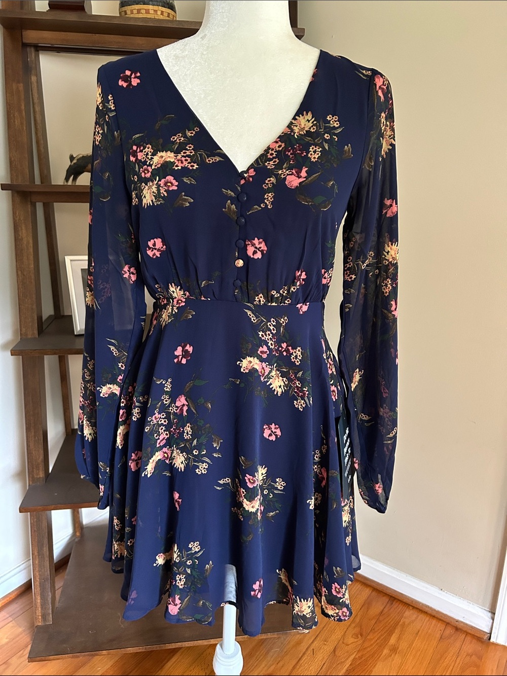 Lulu's Navy Floral “Always Yours” V-Neck Long-Sleeve Mini Skater Dress